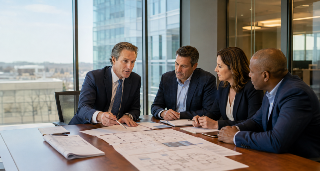 Commercial tenant broker advising business executives on an office lease