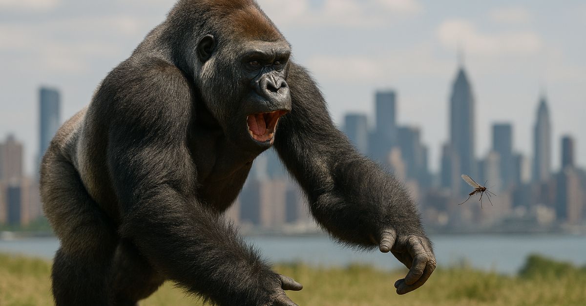AI generated image of a gorilla chasing a gnat