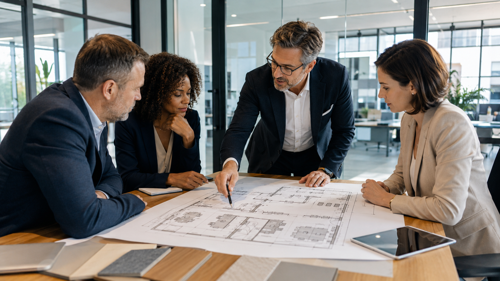Architects in commercial real estate planning an office layout