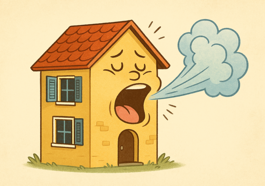 Cartoon Image of a house burping