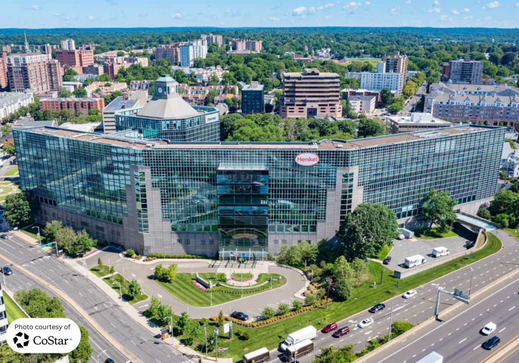 The modern multi-story exterior facade and campus layout of 200 Elm Street Stamford.