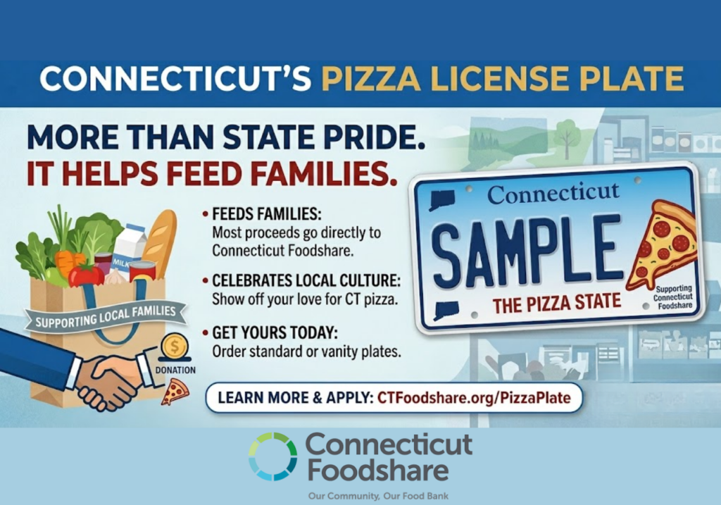Connecticut pizza license plate supporting Connecticut Foodshare Pizza State specialty plate