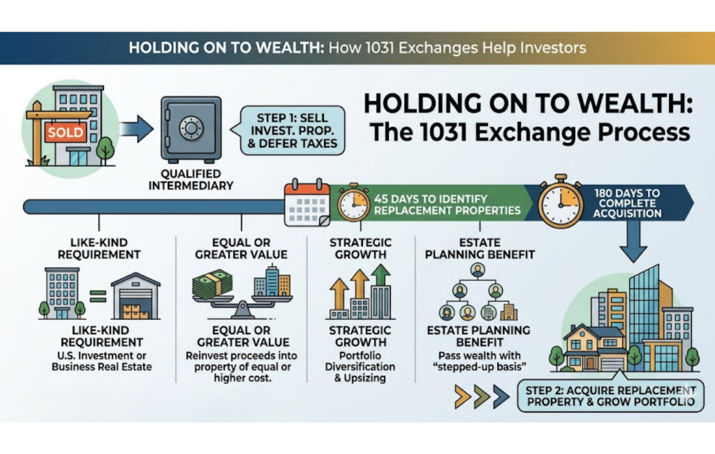 A step by step graphic of how a 1031 Exchange helps investors