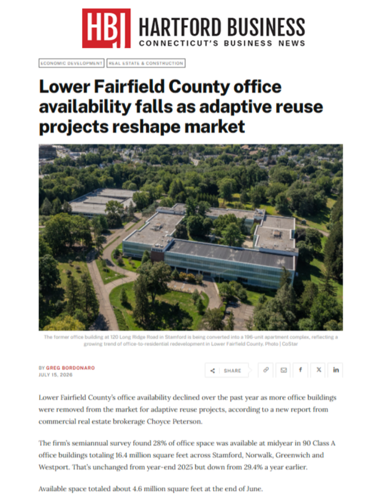Choyce Peterson's Mid-Year 2026 Office Market Survey finds Lower Fairfield County office availability falls as adaptive reuse projects reshape market