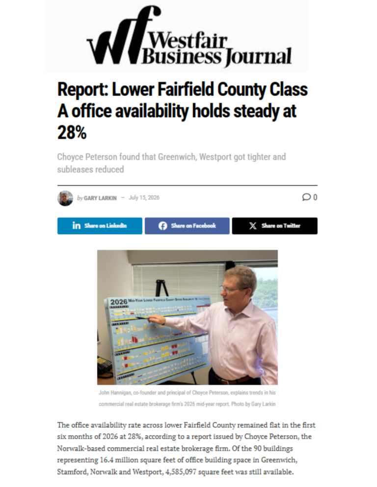 Choyce Peterson's Mid-Year 2026 Office Availability Survey finds Lower Fairfield County Class A office availability holds steady at 28%