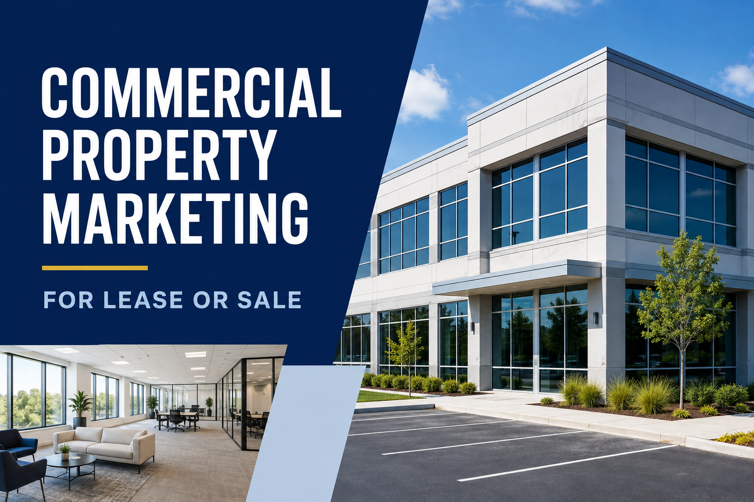 Commercial property marketing for office buildings available for lease or sale