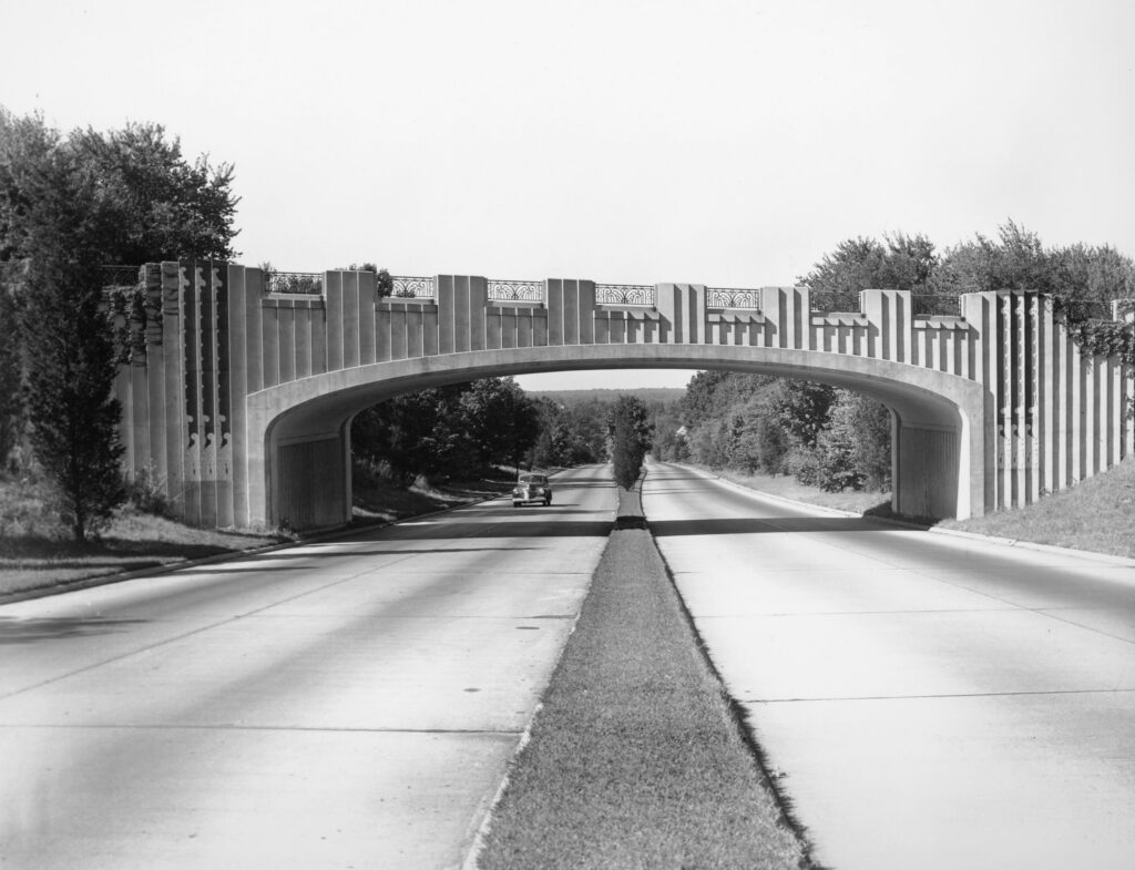 This historic photograph shows the North Avenue Bridge spanning the Merritt Parkway (Route 15) in Westport, Connecticut.